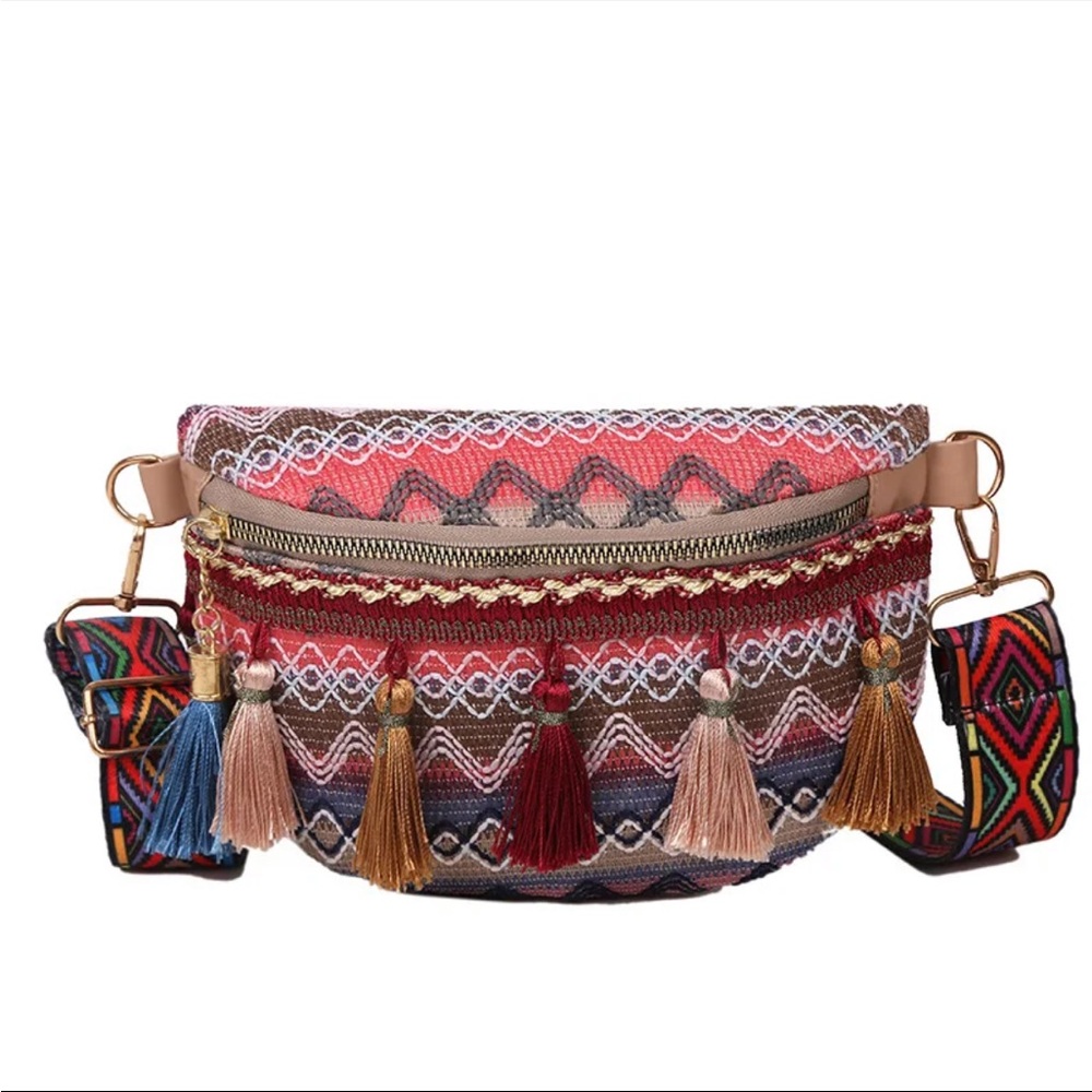 Boho festival Embroidered Fanny Pack, shoulder strap bag with Tassels in PINK